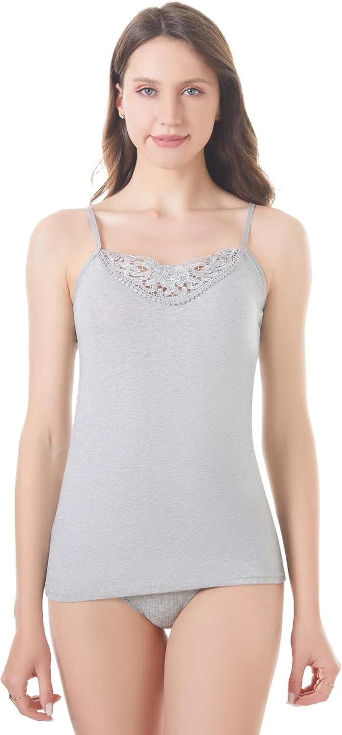 Womens Tank Top Camisoles with Premium Cotton Italian Design - Trimmed with Flower Lace on Neckline