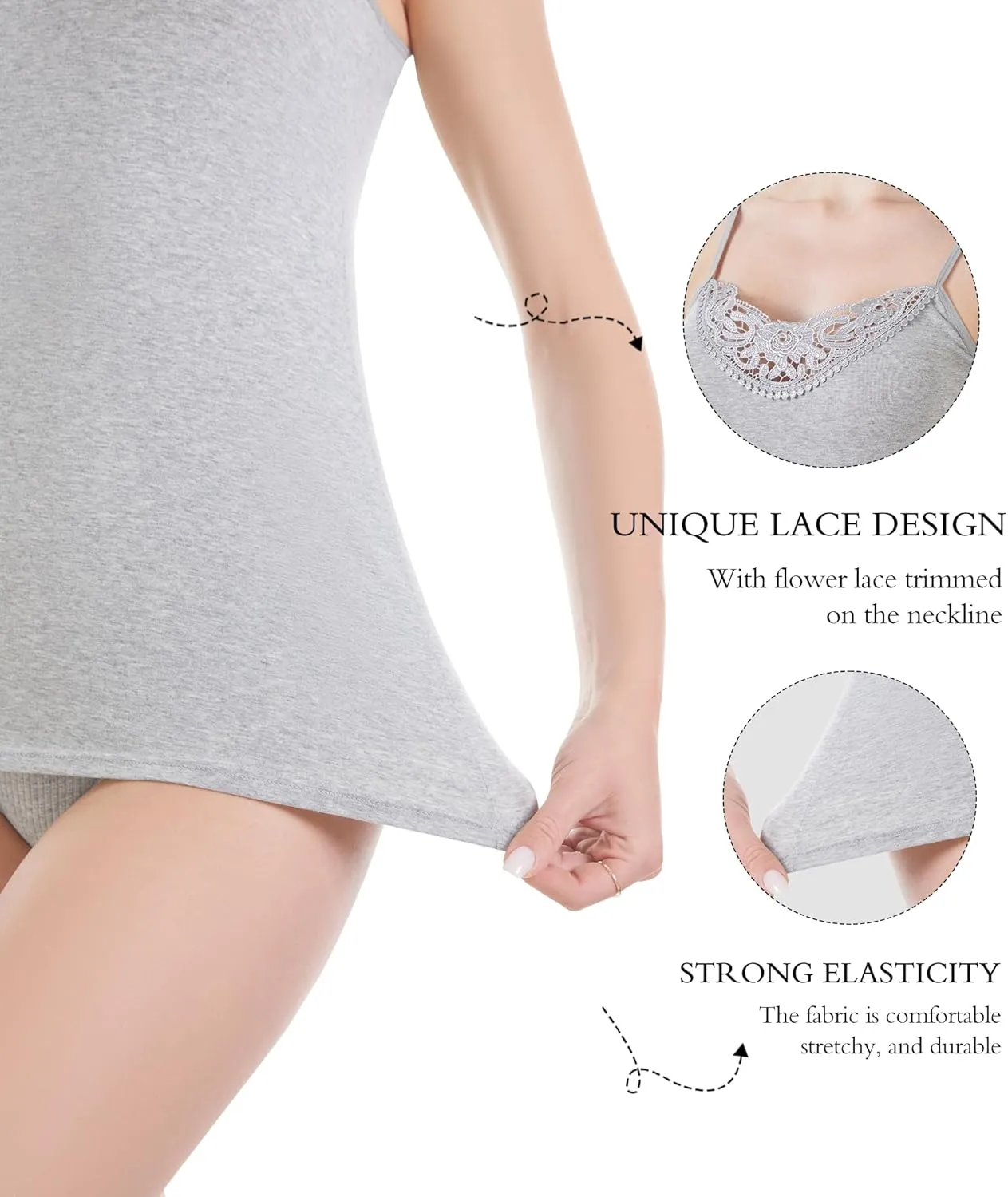 Womens Tank Top Camisoles with Premium Cotton Italian Design - Trimmed with Flower Lace on Neckline