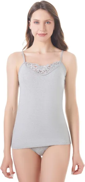 Womens Tank Top Camisoles with Premium Cotton Italian Design - Trimmed with Flower Lace on Neckline