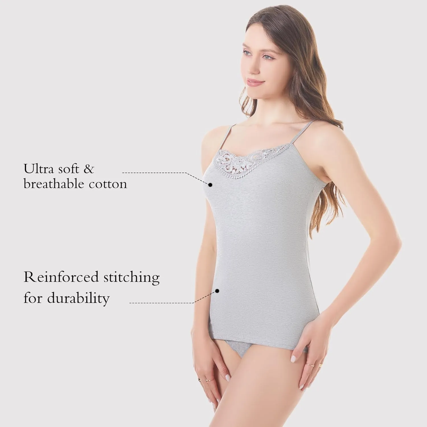 Womens Tank Top Camisoles with Premium Cotton Italian Design - Trimmed with Flower Lace on Neckline