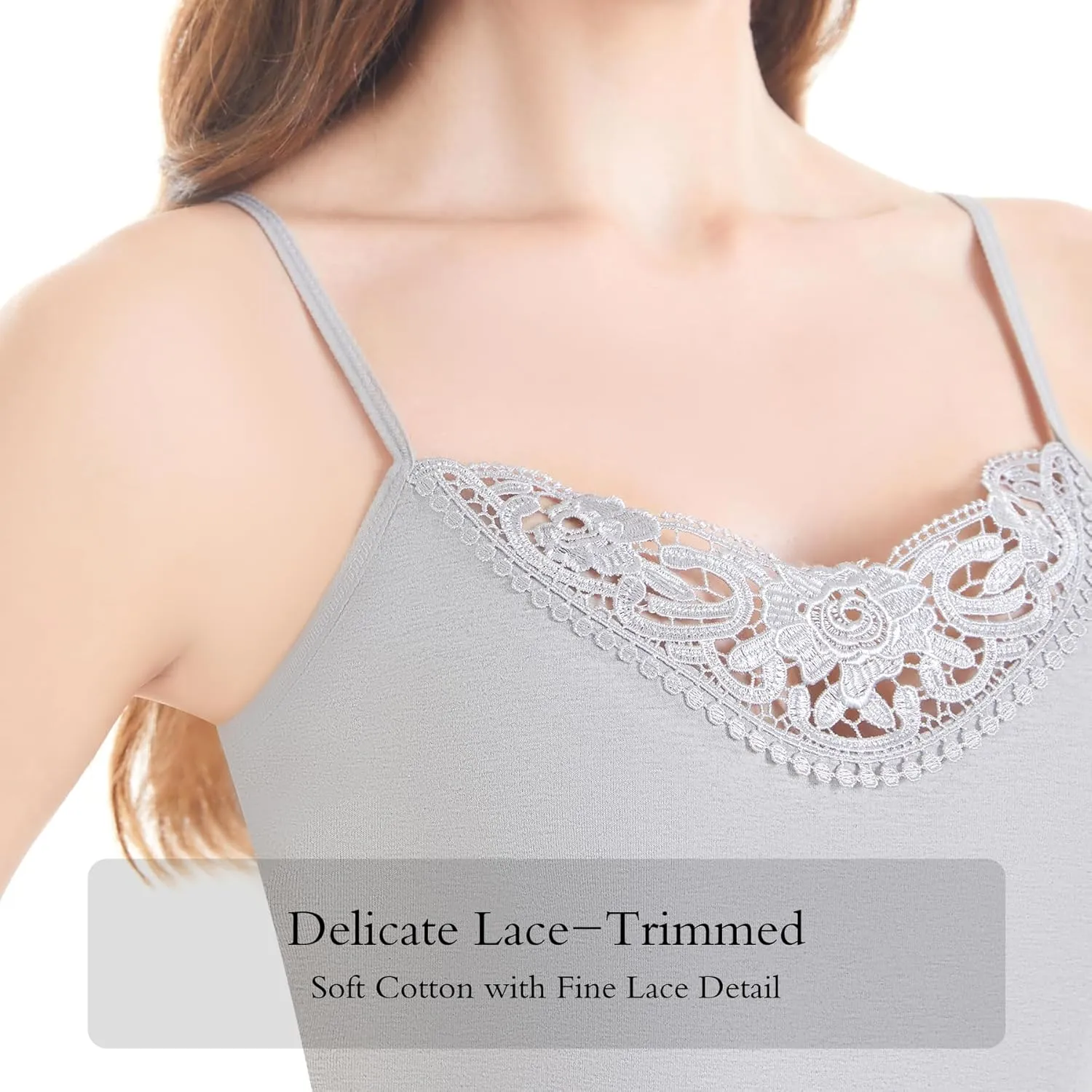 Womens Tank Top Camisoles with Premium Cotton Italian Design - Trimmed with Flower Lace on Neckline